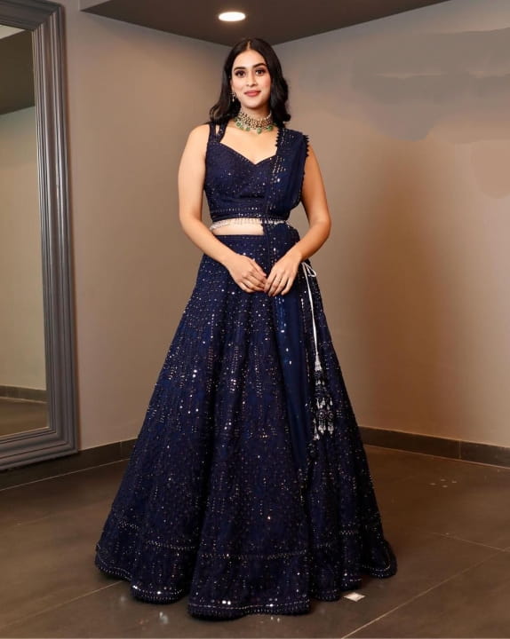 Refreshing Navy Blue Color Wedding Wear Georgette Embroidered Work Lehenga Choli