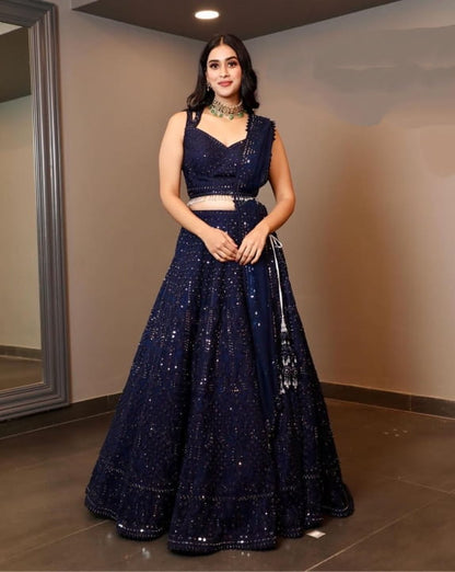 Refreshing Navy Blue Color Wedding Wear Georgette Embroidered Work Lehenga Choli
