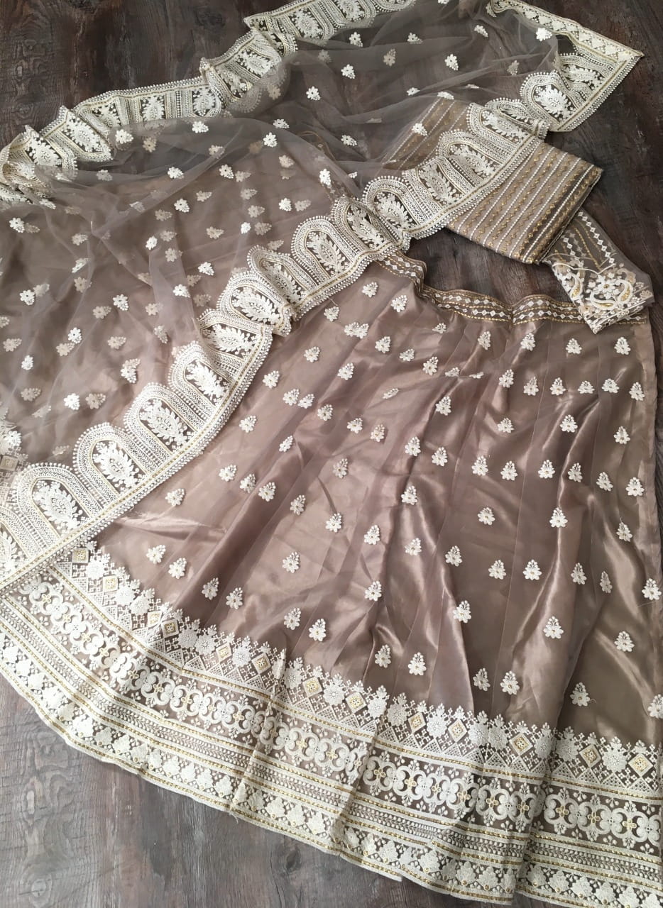 Super Beige Color Festive Wear Net Lucknowi Work Designer Lehenga Choli