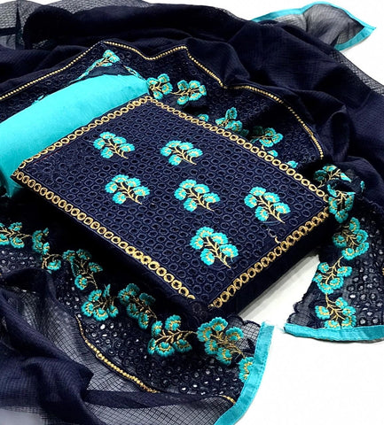 Fantastic Navy Blue Color Fancy Kota Checks Designer Cut Work Salwar Suit