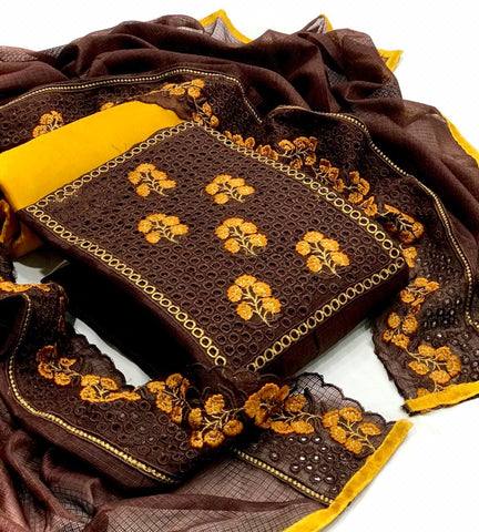 Tremendous Brown Color Festive Wear Kota Checks Cut Work Design Salwar Suit