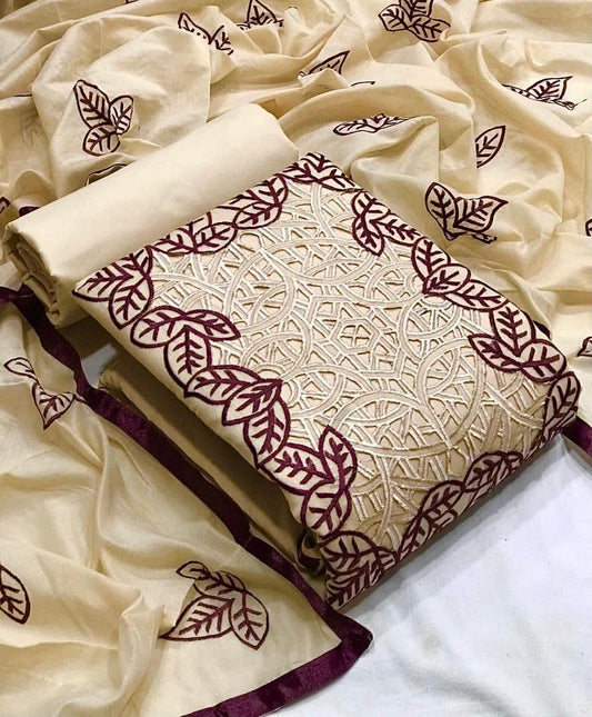 Delightful Cream Color Party Wear Cut Work Fancy Chanderi Salwar Suit