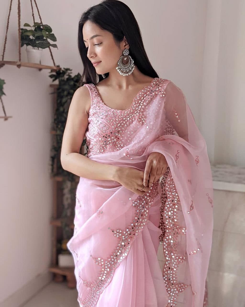 Delightful Pink Color Multi Embroidered Work Designer Organza Saree Blouse
