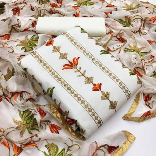Brilliant White Color Embroidered Work Cotton Salwar Suit For Casual Wear