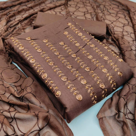 Wonderful Brown Color Cotton Embroidered Work Running Wear Salwar Suit