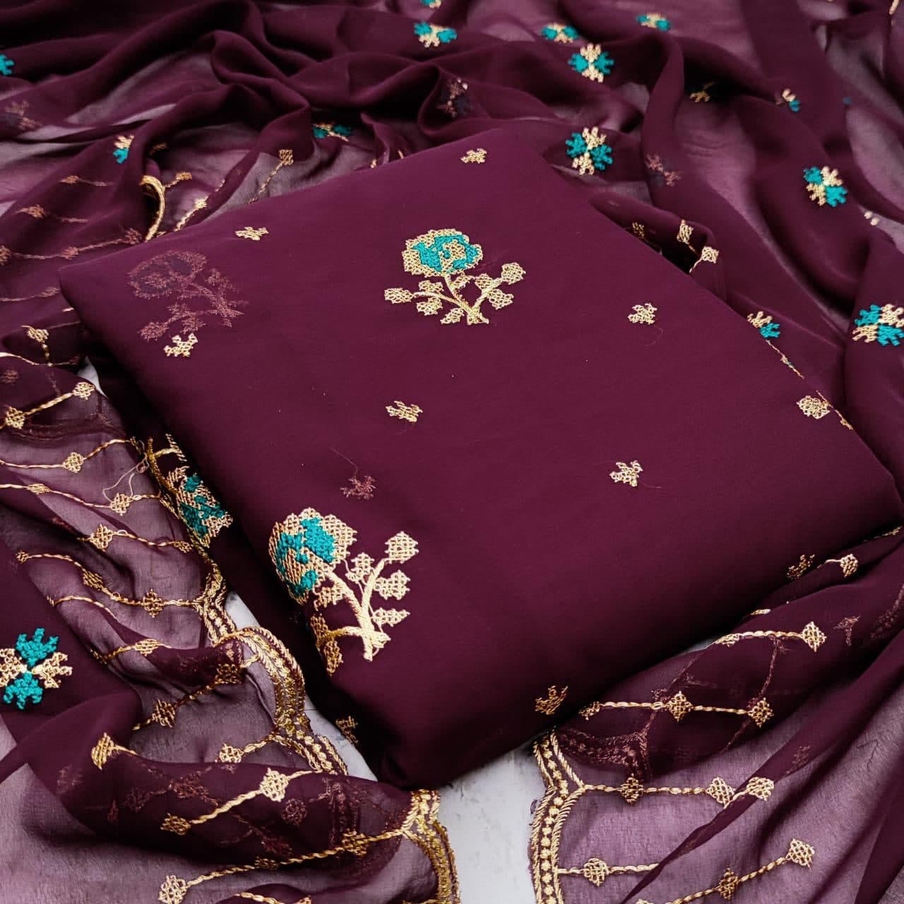 Alluring Wine Color Multi Embroidered Work Georgette Salwar Suit Design