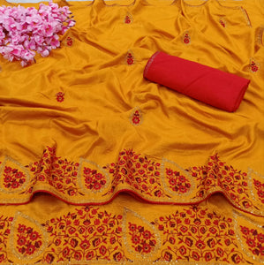 Devastating Mustard Color Festive Wear Designer Diamond Hot Fix Embroidered Work Vichitra Silk Saree Blouse