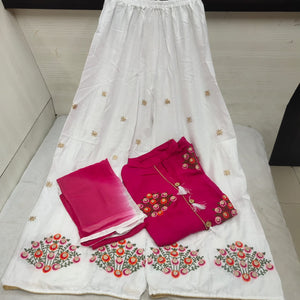Wonderful Rani Pink Color Festive Wear Full Stitched Rayon Embroidered Work Fancy Button Jhumkha Plazo Salwar Suit