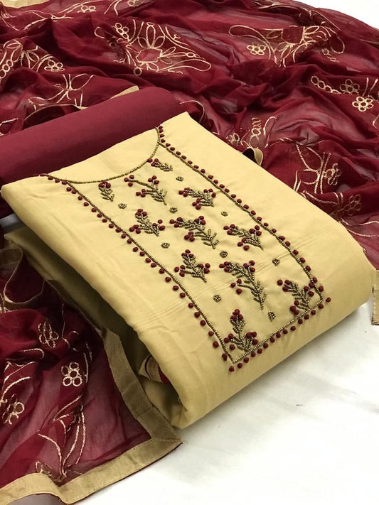 Desirable Cream Color Coding Sequence Work Chanderi Design Salwar Suit