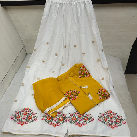 Magnificent Mustard Color Ready Made Party Wear Rayon Jhumkha Button Embroidered Work Plazo Salwar Suit