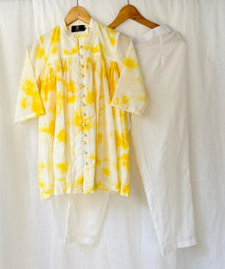 Good-looking Yellow Color Ready Made Cotton Printed Party Wear Plazo Kurti