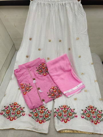 Captivating Light Pink Color Fancy Embroidered Work Rayon Jhumkha Button Ready Made Plazo Salwar Suit
