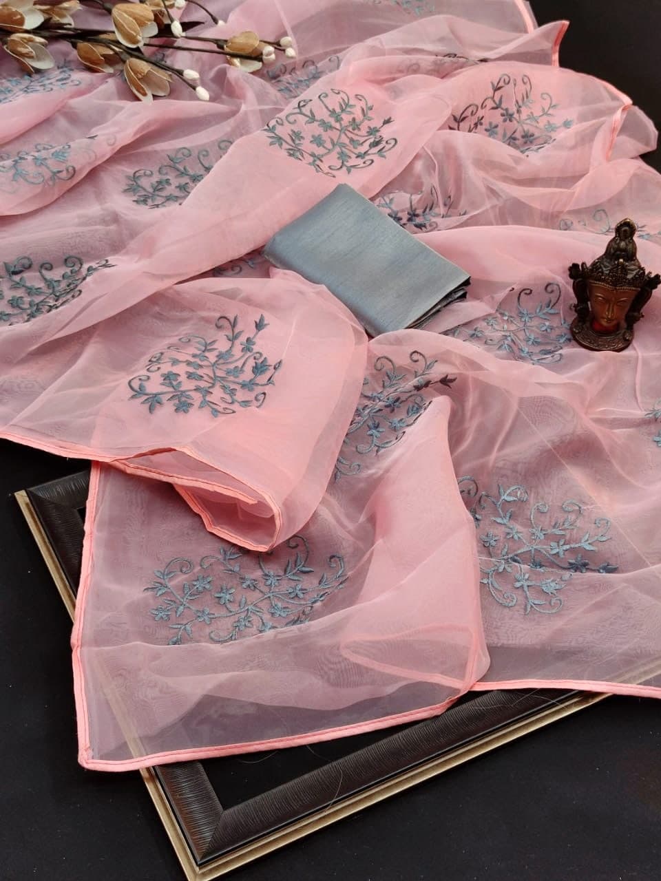 Marvelous Pink Color Wedding Wear Organza Moti Embroidered Work Saree Blouse