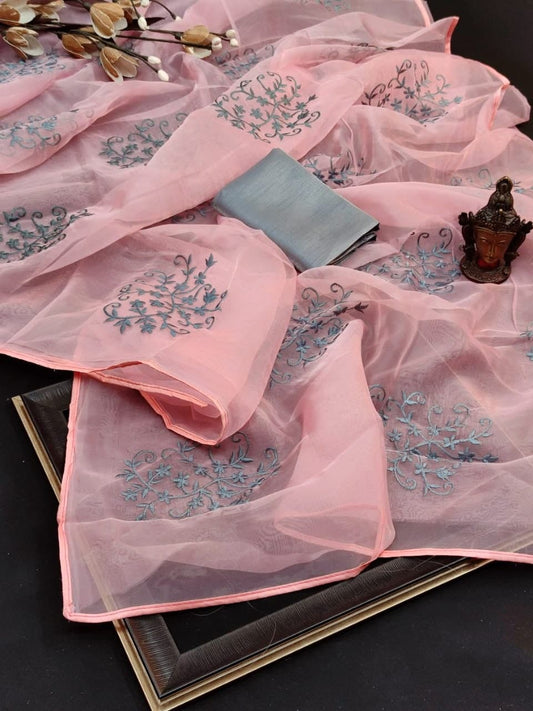 Marvelous Pink Color Wedding Wear Organza Moti Embroidered Work Saree Blouse