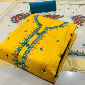 Exquisite Yellow Color Occasion Wear Pc Cotton Fancy Embroidered Work Salwar Suit
