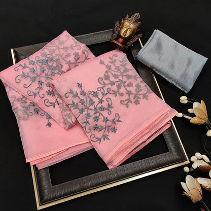 Marvelous Pink Color Wedding Wear Organza Moti Embroidered Work Saree Blouse