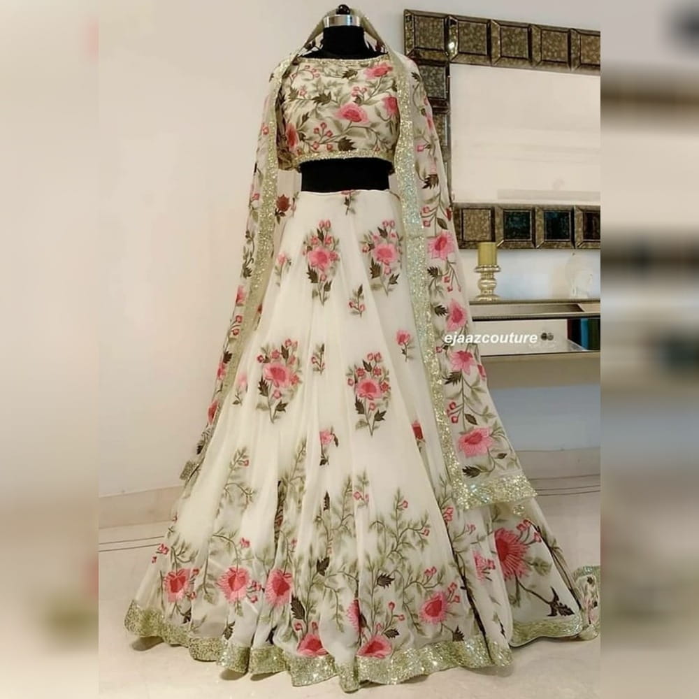 Gorgeous White Color Sequence Work Georgette Digital Printed Lehenga Choli