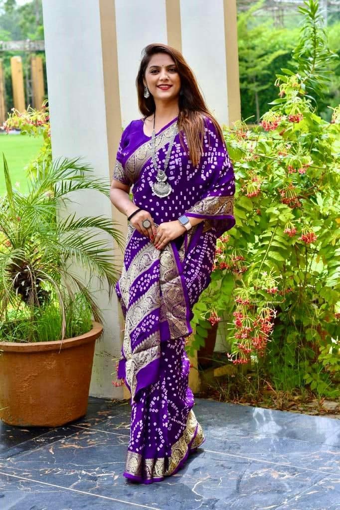 Party Wear Violet Color Zari Weaving Bandhani Art Silk Saree Blouse