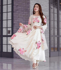 Alluring Off White Color Georgette Printed Work Salwar Suit For Festive Wear