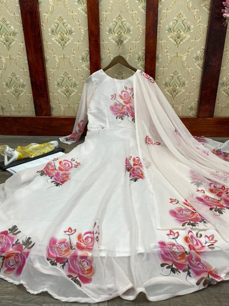 Alluring Off White Color Georgette Printed Work Salwar Suit For Festive Wear