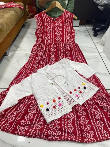 Stunning Red Color Ready Made Rayon Cotton Bandhani Printed Kurti Koti