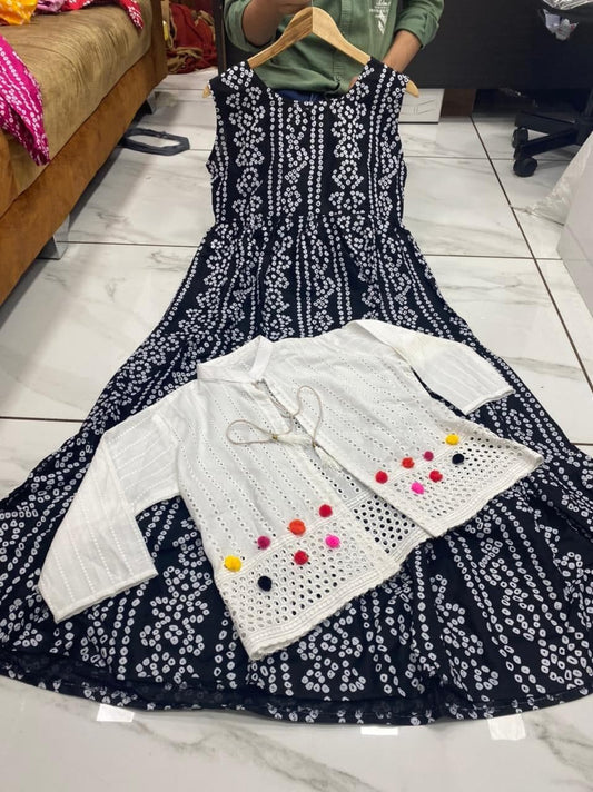 Alluring Black Color Full Stitched Occasion Wear Cotton Bandhani Printed Kurti Koti