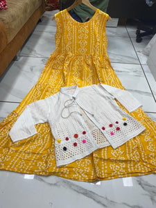 Jazzy Yellow Color Ready Made Bandhani Printed Cotton Koti Kurti For Running Wear