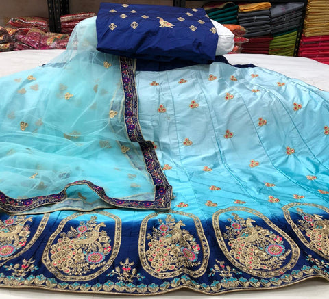 Smashing Sky Blue Color Designer Satin Silk Thread Work Wedding Wear Lehenga Choli