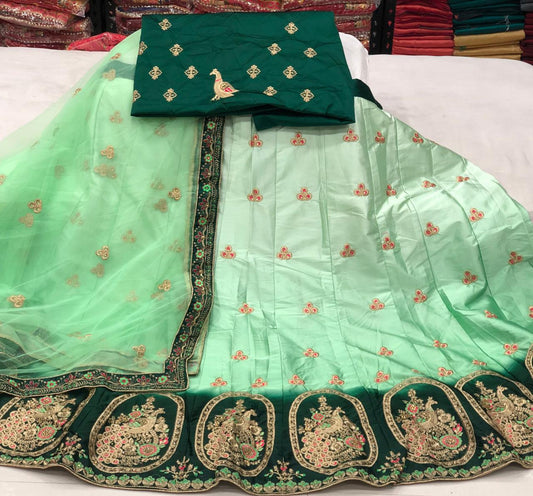 Beauteous Green Color Party Wear Thread Work Satin Silk Lehenga Choli