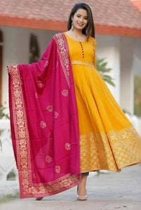 Alluring Mustard Color Function Wear Rayon Golden Printed Gown Dupatta Design