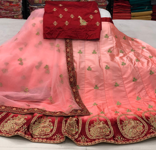 Pulchritudinous Peach Color Designer Thread Work Fancy Satin Silk Lehenga Choli