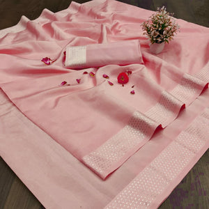Desirable Pink Color Occasion Wear Cotton Silver Zari Weaving Saree Blouse