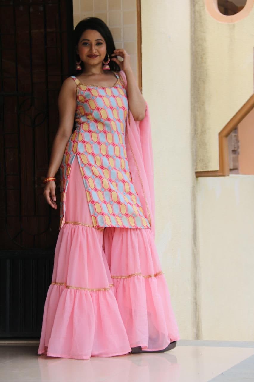 Knockout Pink Color Georgette Full Stitched Embroidered Work Sharara Salwar Suit