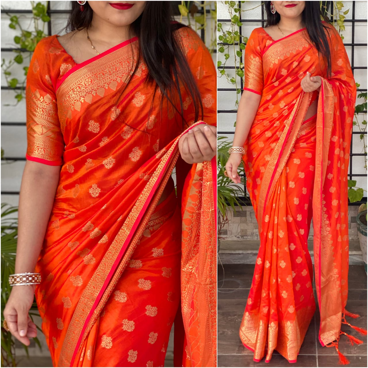 Staggering Orange Color Festive Wear Sana Silk Jacquard Work Saree Blouse