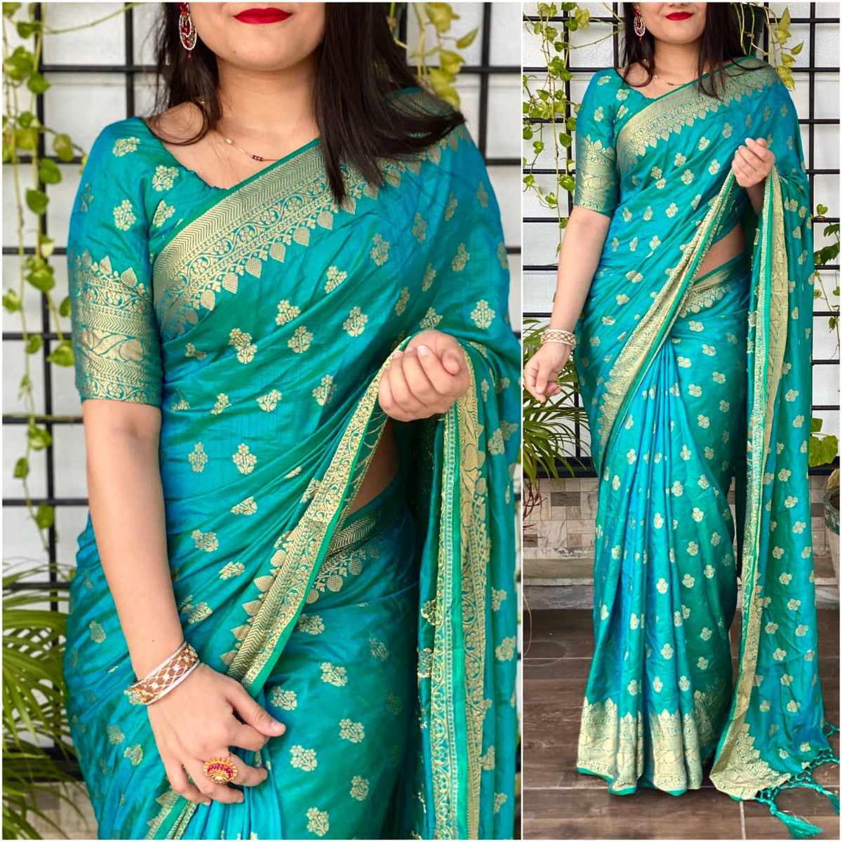 Incredible Rama Color Designer Jacquard Work Sana Silk Saree Blouse