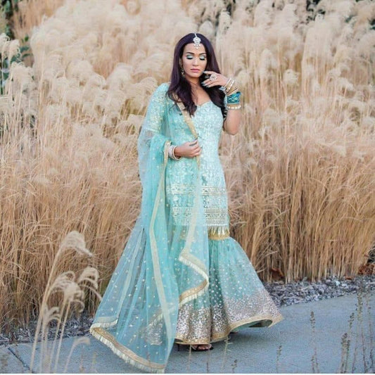 Stylish Blue Color Georgette Embroidered Work Occasion Wear Salwar Suit