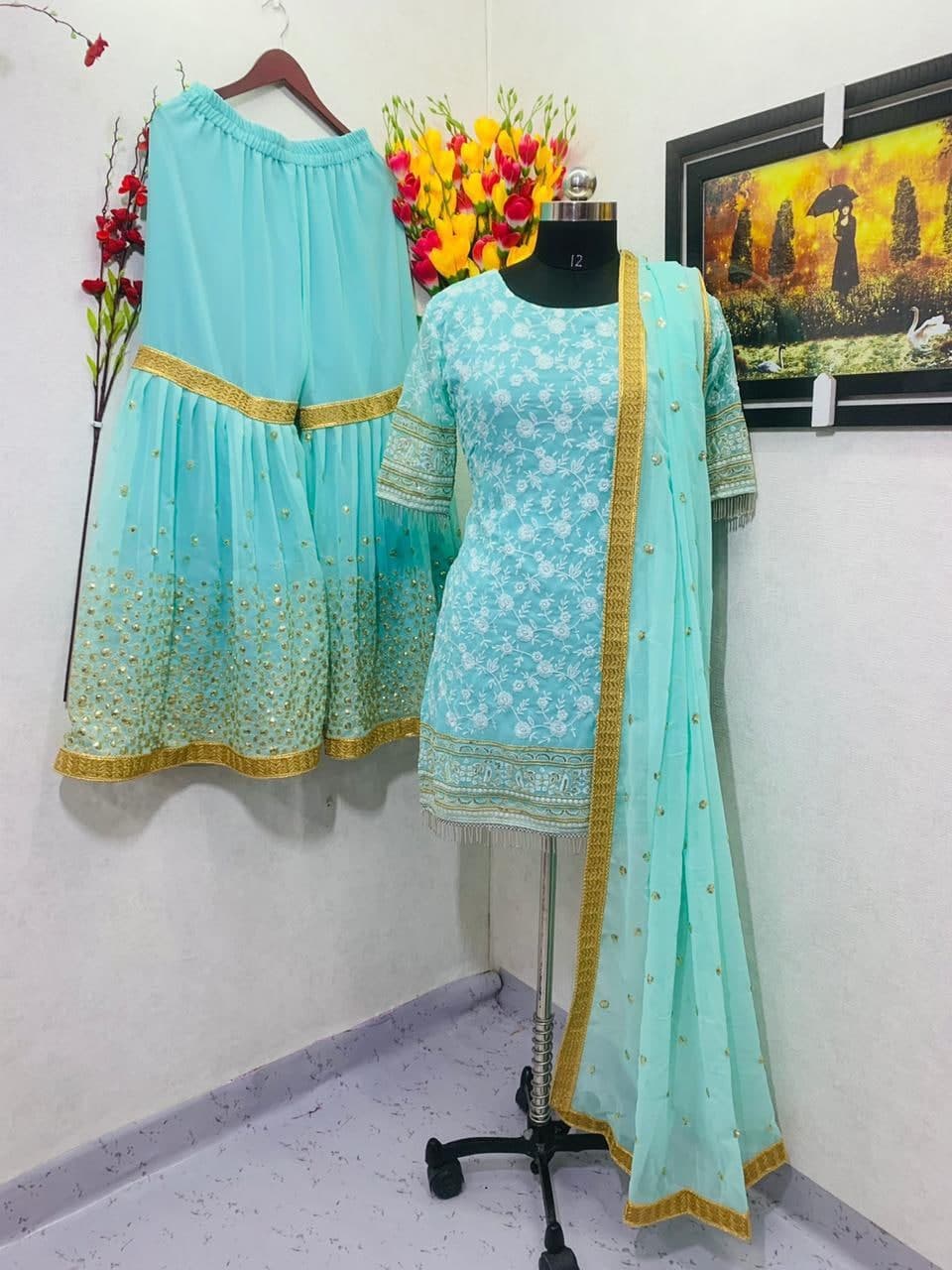 Stylish Blue Color Georgette Embroidered Work Occasion Wear Salwar Suit