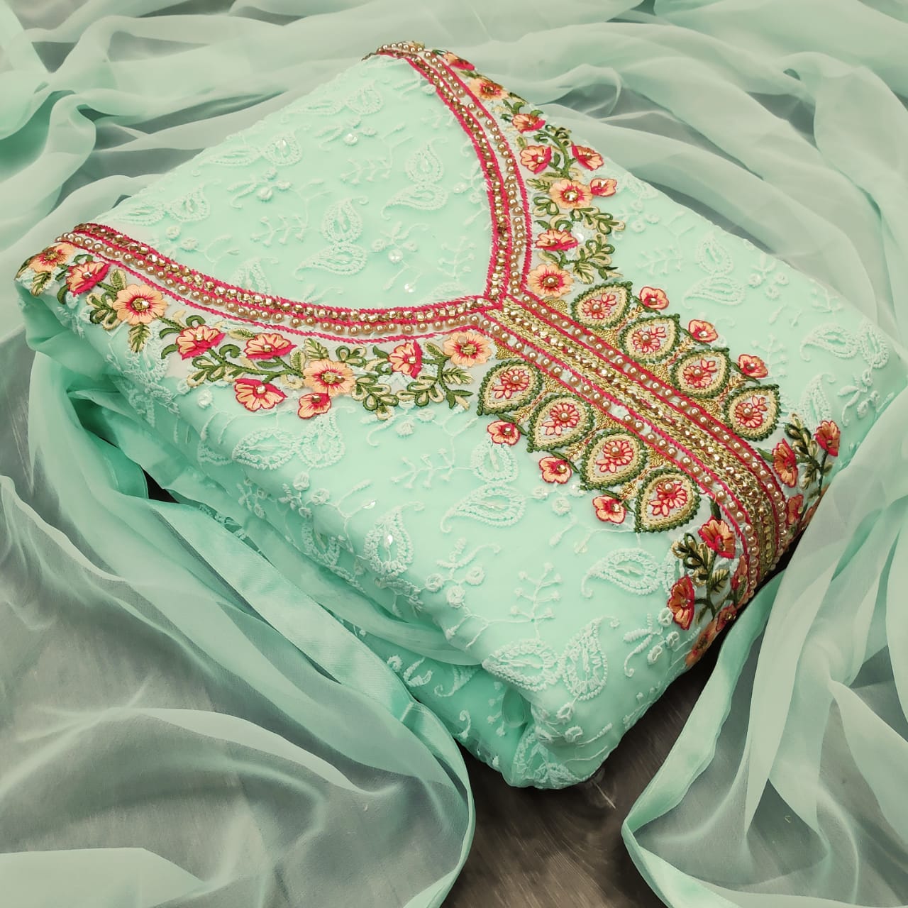 Amazing Sea Green Color Festive Wear Georgette Multi Work Fancy Salwar Suit
