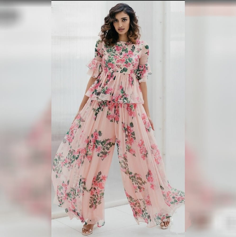 Phenomenal Peach Color Full Stitched Designer Georgette Digital Floral Printed Top Plazo