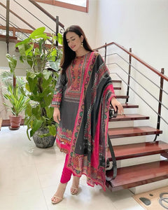 Thrilling Grey Color Printed Cotton Rayon Design Salwar Suit For Women
