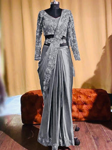 Dazzling Grey Color Festive Wear Satin Silk Diamond Work Saree Blouse