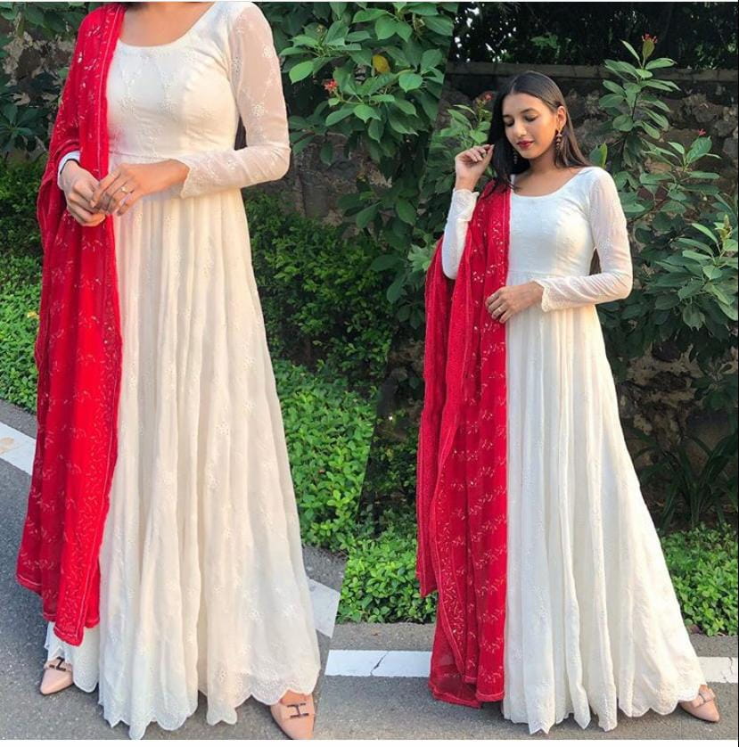 Splendid Festive Wear White Color Designer Georgette Chine Stitch Sequence Work Salwar Suit