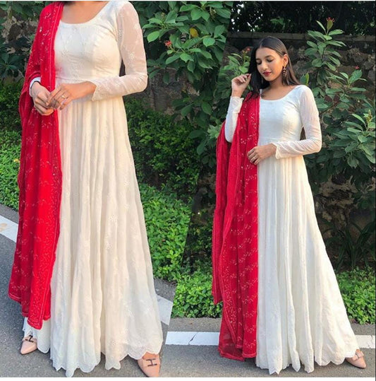Splendid Festive Wear White Color Designer Georgette Chine Stitch Sequence Work Salwar Suit