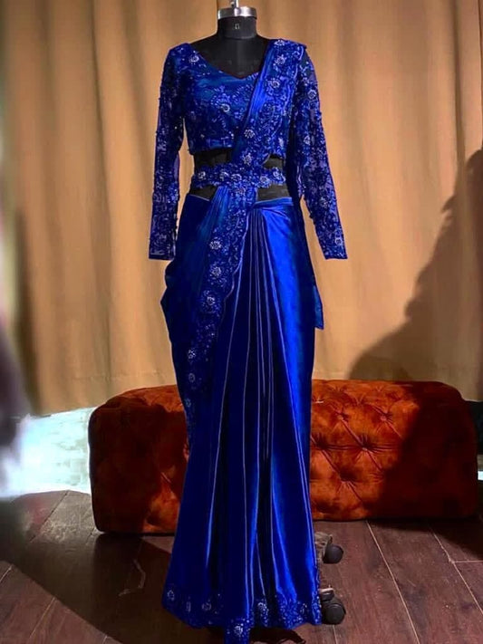 Radiant Royal Blue Color Party Wear Satin Silk Embroidered Work Saree Blouse