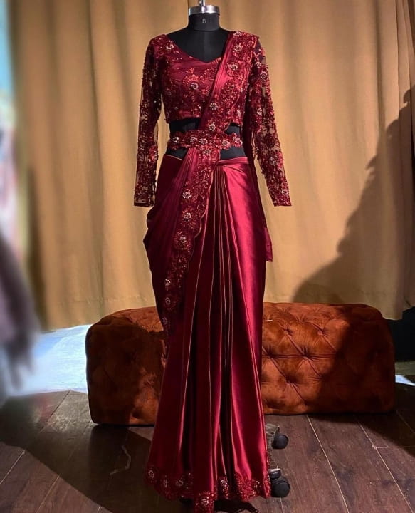 Stylish Maroon Color Embroidered Diamond Work Silk Satin Saree Blouse