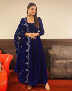Classic Blue Color Georgette Embroidered Work Gown Dupatta For Festive Wear