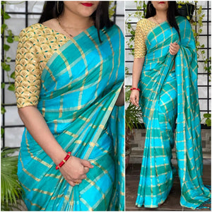 Imposing Firozi Color Wedding Wear Silk Fancy German Checks Design Saree Blouse