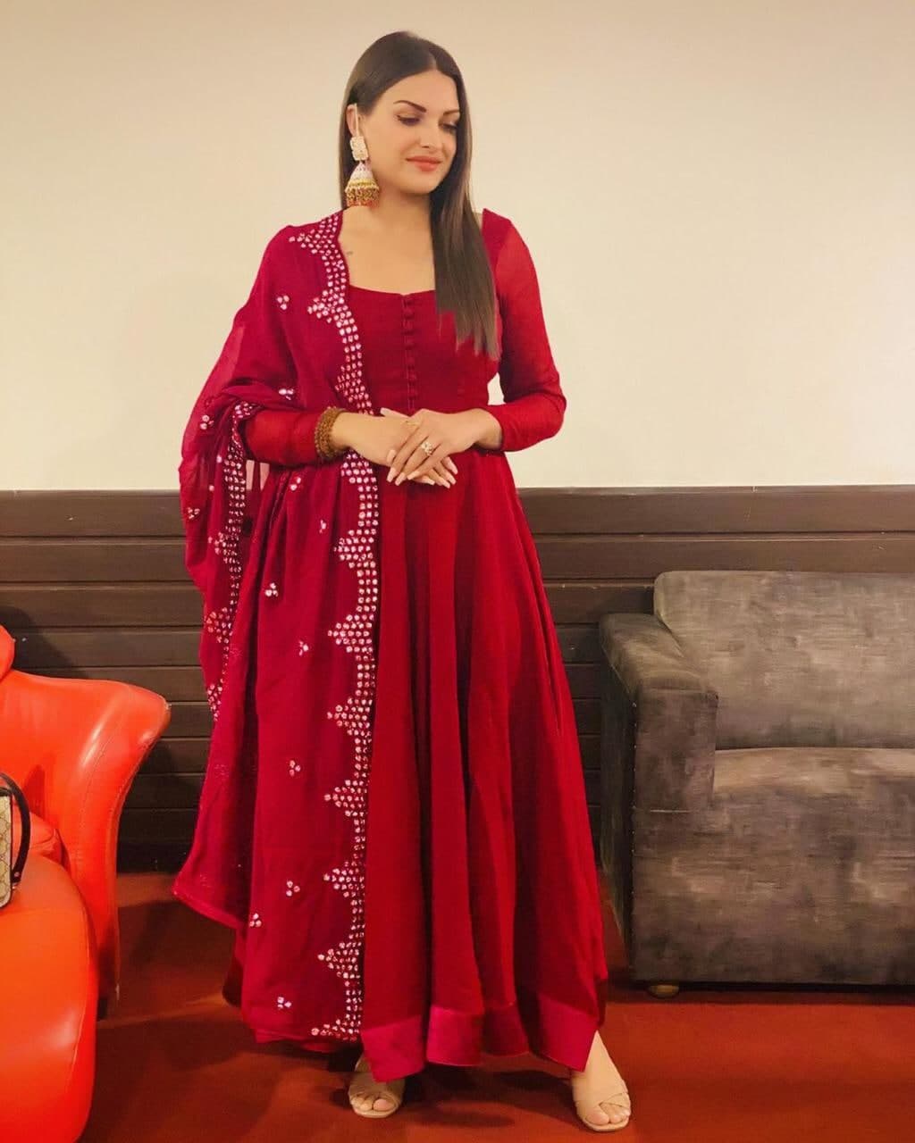 Starling Red Color Embroidered Work Georgette Gown Dupatta For Women