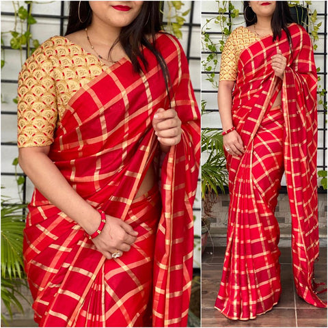 Breathtaking Red Color Festive Wear Checks German Designer Silk Saree Blouse