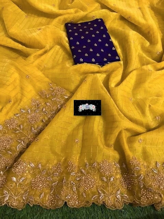 Delightful Mustard Color Organza Checks Diamond Work Saree Blouse